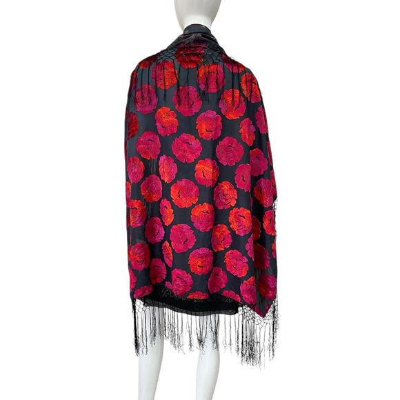 Vintage 90’s/Y2K Burnout Velvet Fringed Floral Piano Shawl - Picture 1 of 9